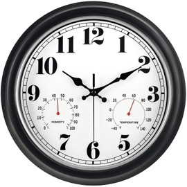 45MinST 13-Inch Vintage Outdoor Wall Clock with Thermometer and Hygrometer, Waterproof, Large Numbers, Silent, for Indoor and Outside Use,Porch,Garden,Pool(Black Frame with Silver Trim)
