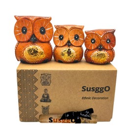 SusggO Set of 3 Wooden Owls Decoration Hand Carved Lucky Owl Crafts Furniture Brown Gold Detail