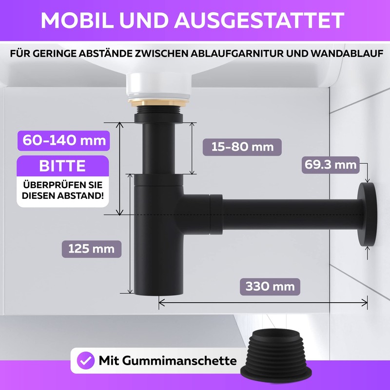 Siphon Black Matt for Sink, Premium Siphon Washbasin, Brass Walls,