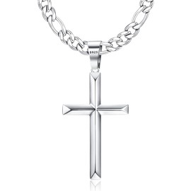 KRFY 925 Sterling Silver Cross Necklace for Men Women with Stainless Steel Diamond-Cut Figaro Chain Necklace Highly Polished Beveled Edge Cross Pendant Necklace 46/51/56/61/66/76CM