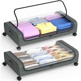 AUING Under Bed Storage with Wheels, 2Pack Under Bed Storage Containers, Foldable Under Bed Rolling Storage with 30.3" x 17.1" x 6.9", Under Bed Organizer Shoe Storage for Clothes Blanket Book(Grey)