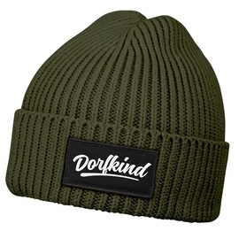 MoonWorks® Men's Beanie with Patch Knitted Hat with Saying Dorfkind Print Funny Hat Men, Village Child Olive