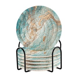 Bar Coaster for Drinks, Coil Woven Coasters Holder Pad 3.94 in Diameter for Mugs Thickness of 0.24 in with Metal Rack Print God Turquoise Marble Texture Ink Paints