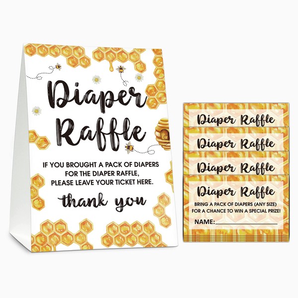 Diaper Raffle Baby Shower Game Set(1 Standing Sign + 50 Guessing Cards), Bumble Bee Diaper Raffle Tickets for Baby Shower, Honey Honeycomb Baby Shower Party Favor Decor - B07