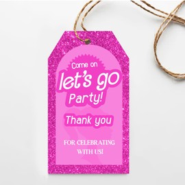 50Pcs Pink Doll Thank You Tags Glitter Come on Let's Go Party Gift Tags Hot Pink Thank You for Celebrating with Us Party Favor Tags for Girls Women Bridal Shower Bachelorette Party Birthday Party