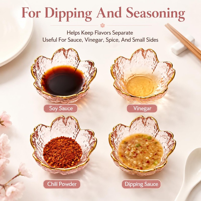 Gold Rim Glass Dipping Bowls, Cherry Blossom Sauce Dishes