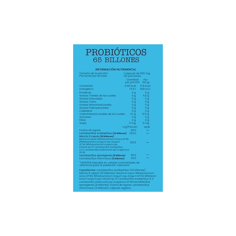 Probióticos 65 Billones, 120 Cápsulas, Suplemento Alimenticio Vegano, 500 mg