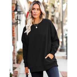 WIHOLL Fall Outfits for Women 2025 Crewneck Sweatshirts with Pocket Long Sleeve Shirts Trendy Casual Tops Loose Fit Black L