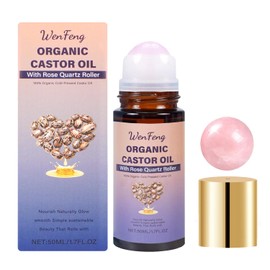 Organic Castor Oil Roll On with Rose Quartz Roller, 100% Castor Oil Organic Cold Pressed, Hexane-Free, for Face and Body, Hair, Eyebrows, Deep Hydration Skin Moisturizer,1.7oz
