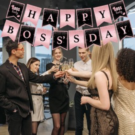 YaYuanSun Happy Boss’s Day Banner Party Decorations Boss Day Party Decoration Banner Best Boss Ever Bunting Banner for Office Decor, Glitter Boss Day Decoration Garlands (Black,Pink)