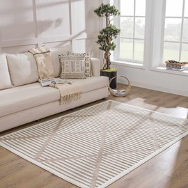 Hauteloom Anah Moroccan Geometric Area Rug - Outdoor Safe - Striped Diamond Performance Carpet for Porch, Patio, Living Room - High Traffic Rug - Beige, White, Brown - 6'7" x 9' (6x9 Area Rug)