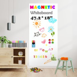 Magnetic Whiteboard Contact Paper for Wall,47.2" x 18" Adhesive Magnetic Dry Erase White Board Sticker with 79 Magnetic Letters 12 Liquid Chalk for Kid, Peel and Stick Wallpaper Magnetic Whiteboard