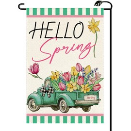 Truck with Flowers Hello Spring Garden Flag 12x18 Inch Vertical Double Sided Seasonal Summer Buffalo Plaid Small Flags Farmhouse Holiday Outside Decoration For Yard (ONLY FLAG) CJ30