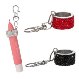 Veseek Lip Balm Holder Keychian Bling Crystal Lip Gloss Key Chain Cap Travel Lipgloss Case with Keyring(Red+Black)