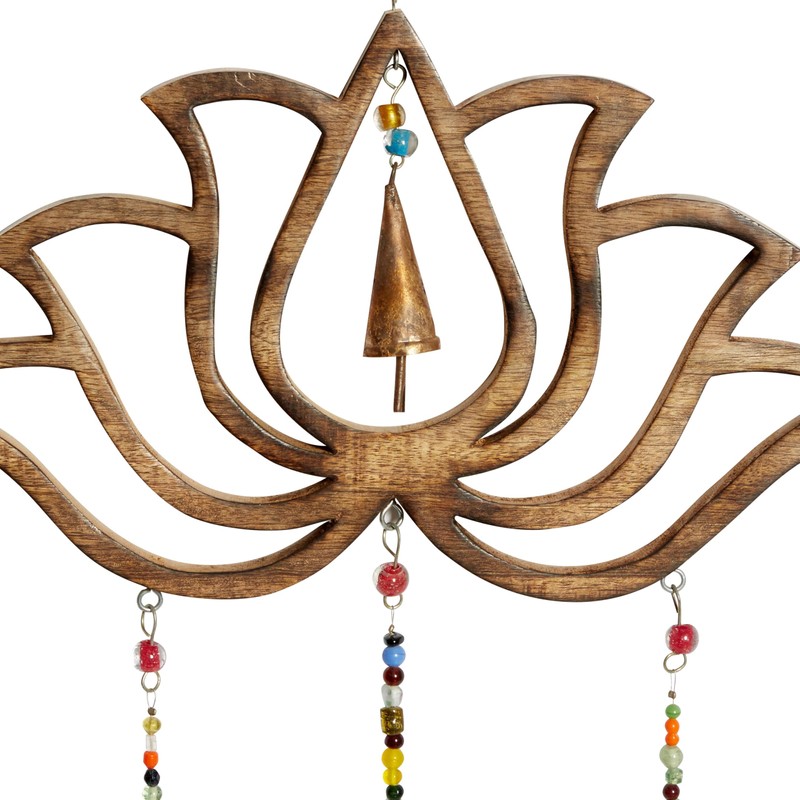 Deco 79 Eclectic Mango Wood Lotus Windchime with Bells, 15"L