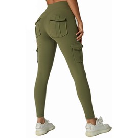 JEGGE High Waist Yoga Leggings with 4 Pockets,Tummy Control Workout Running 4 Way Stretch Cargo Pocket Leggings (Green, Large)