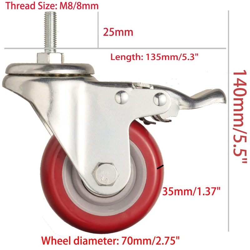 Heavy Duty Stem Caster Wheels Double Bearing PU Castors No