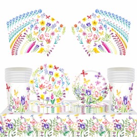 69Pcs Spring Summer Theme Floral Party Tableware Set,Wildflowers Birthday 7inch 9inch Plates and Napkins Cups Table Cloth Sets for Garden Party, Afternoon Tea, Baby Shower, Wedding,Birthday Decor