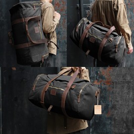 Densata Vintage Canvas Duffle Bag, 50L Genuine Leather Travel Duffel Backpack Multifunctional Overnight Weekender Bag with Shoes Compartment Men (Black)