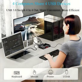 USB 3.0 Switch 4 Computers, 4 Port USB Switch for 4 Computers Share 4 USB Devices for Keyboard Mouse Printer, Wired Remote and 4 Cables Included