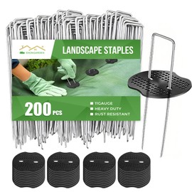 EnonGarden 200 Pack Landscape Staples and 200 Pack Gaskets, 6in U Shaped Galvanized Steel Garden Staples with Pad for Landscape Fabric Supplies for Weed Barrier Fabric