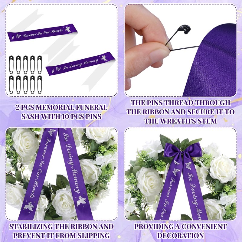 2 Pcs 63x3.8'' Memorial Funeral Sash with Pin, White,Purple, Delicate