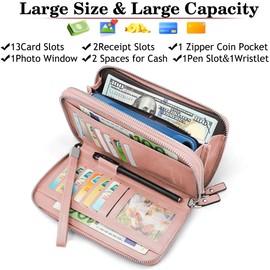 QEWORANE Women Wallet RFID Blocking Leather Wristlet Purse Credit Card Holder Phone Clutch Zip Around Ladies Travel Wallets (Pink)