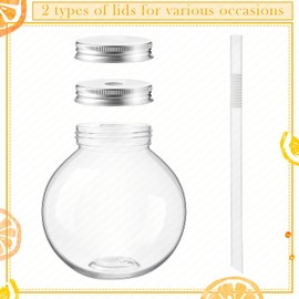 FillTouch 12 Sets 17 oz Plastic Fish Bowls with Straws and Lids Clear Reusable Fishbowl Cups for Drinks Spherical Bulb Cups for Birthday Competition Sport Summer Party Supplies, 2 Types of Lids