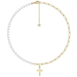 Tiny Cross Pendant Necklace for Women Simple Cross Necklaces Mothers Day Birthday Gifts for Women Pearl