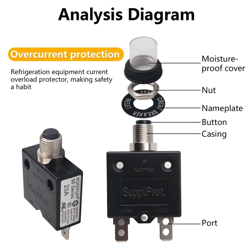 Thermal Circuit Breaker 20 Amps, Push Button Manual Reset Circuit