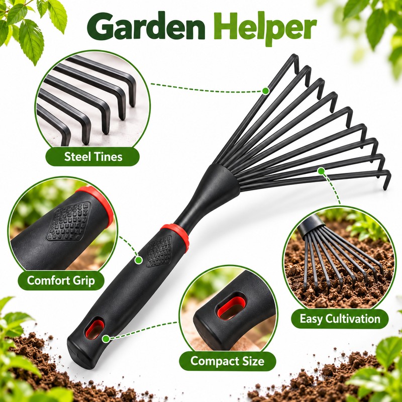 Small Steel Garden Rake for Planting – Compact Hand Gardening
