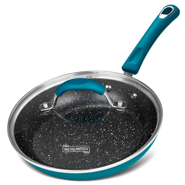 MICHELANGELO 8 Inch Nonstick Frying Pan with Lid, Small Frying Pan Nonstick with Lid, Enamel Egg Pan with Lid, Non Stick Frying Pan with Granite Interior and Silicone Handle, Cyan