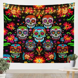 Feelyou Floral Skull Wall Tapestry Sugar Skull Tapestry Wall Hanging for Kids Boys Girls Skull Bones Tapestry Floral Print Wall Art for Bedroom Living Room,Small 51x59 Inches