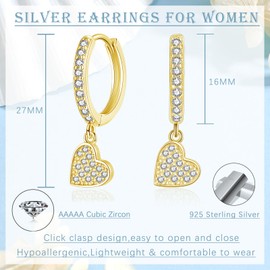 Estrellique Silver 925 Hoop Earrings Hanging for Women Girls, 925 Sterling Silver Hoop Earrings, Hypoallerge Huggie Earrings with Heart Pendant, Gold Dangle Hanging Earrings with AAAAA Cubic Zirconia