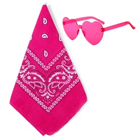JIANGLAI Bandana with Heart Sunglasses, Disco Cowgirl Bachelorette Paisley Scarf for Men Women (Hot Pink)