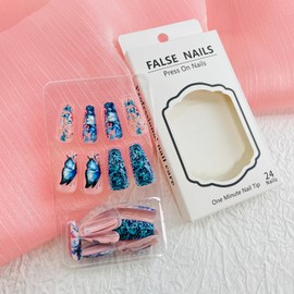 Square Press on Nails Medium Fake Nails with Designs Butterfly Glue on Nails Flower False Nails Leaves Acrylic Nails Glossy Artificial Nails Full Cover Stick on Nails for Coquette Women 24Pcs