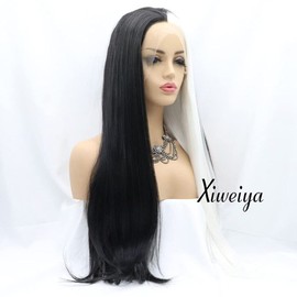 xiweiya long striaght mermaid piano half color synthetic lace front wig white to black two tones heat Resistant replacement wigsgor women cosplay