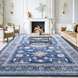 Area Rug 8x10 Washable Vintage Rug Traditional Floor Cover Thin Rug Retro Kitchen Indoor Distressed Non Slip Carpet Floral Print Mat Living Room Bedroom Dining Room