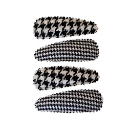 Mia Snip Snaps Metal Contour Clips Hair Barrettes Covered with Fabric Hair Accessories for Women, Teens, Girls, Dance - Black + White Houndstooth 4pcs