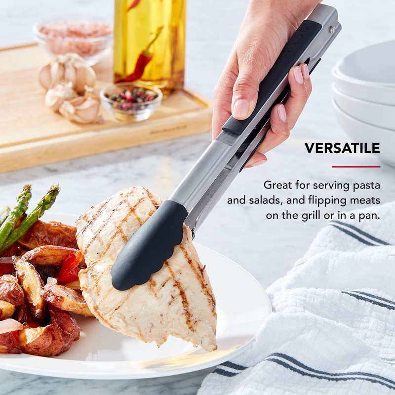 KitchenAid Silicone Tipped Side Locking Tongs, Black, 12 Inch