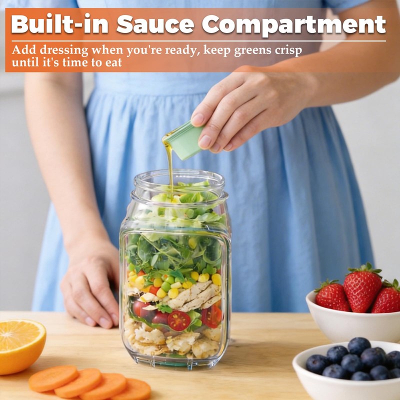 2 PCS Portable Salad Jar with Side Opening Leakproof, On