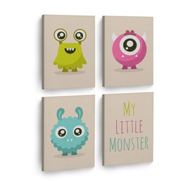 Smile Art Design Colorful My Little Monster Lettering Cream Background 4 PIECE CANVAS PRINT SET Kids Room Decor Wall Art Baby Boy and Girl Room Decor Ready to Hang Made in the USA (22x15) x4