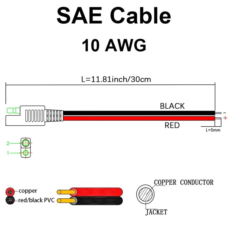 Jienk 2PCS 1FT 10AWG SAE Plug to 2Pin Cable, 30cm