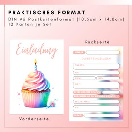 HIDEBLOOM Cupcake Invitation Cards for Children's Birthday Girls I Pack of 12 I DIN A6 (10.5 cm x 14.8 cm) I Invitation Cards Girls Birthday I Children's Party I Birthday Invitations Girls