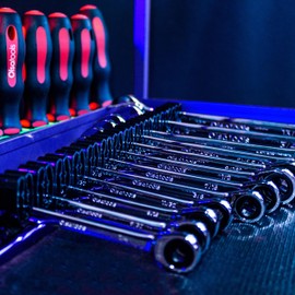 Olsa Tools Wall Mount Wrench Organizer - Rotating Clip Rack for 14 Wrenches - Blue Anodized Aluminum with Black Clips - Space Saving Tool Holder - Professional Grade Storage Solution - Part: 1029