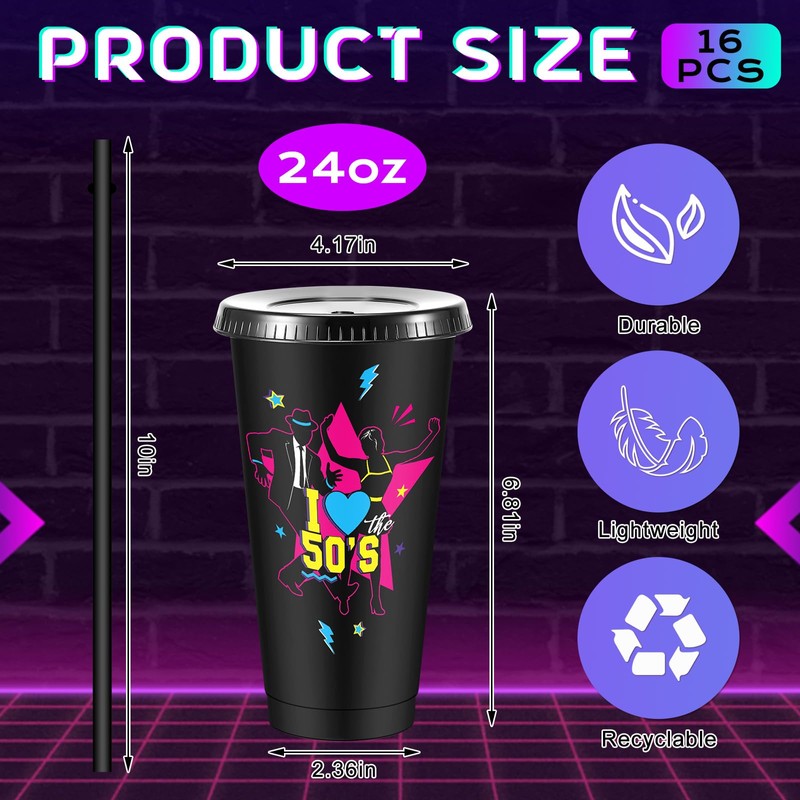 Uiifan 16 Pcs 50's Party Decorations 1950's Reusable Cups with