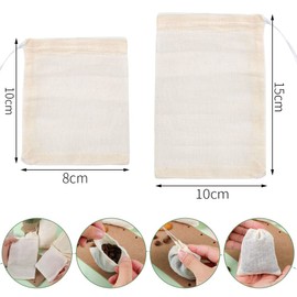 Pack of 60 Cotton Muslin Bags with Drawstring, 8 x 10 cm and 10 x 15 cm Tea Bags, Reusable, Cotton Bags for Loose Tea, Coffee, Herbs, Spices, Dipping (Beige)