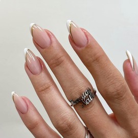 French Tip Press on Nails Medium Almond Fake Nails Nude Nature Acrylic Nails Gold Line False Nails Press ons Full Cover Glue on Nails White Tip Stick on Nails for Women Girls 24Pcs