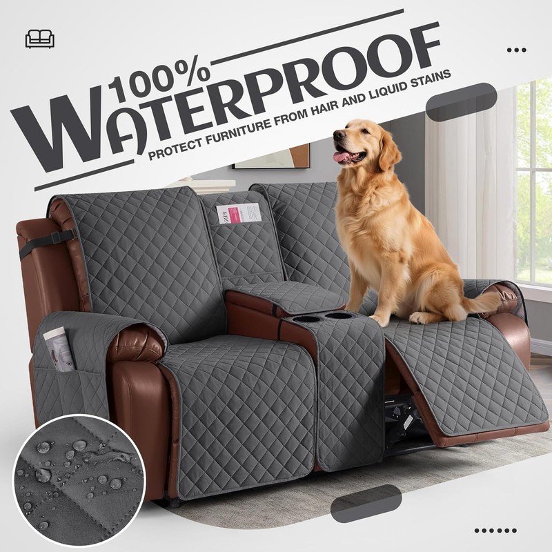 KinCam 100% Waterproof Recliner Loveseat Cover with Console, Non-Slip Reclining
