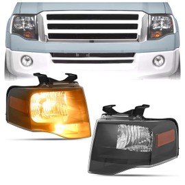 HECASA Pair Headlight Compatible with 2007-2014 Ford Expedition Halogen Headlamp Front Light Lamp w/Bulb Clear Lens Black Housing with Amber Reflector Replacement for FO2502226 FO2503226 Left&Right